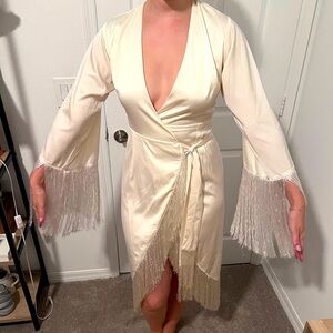 Fringe wrap satin white dress